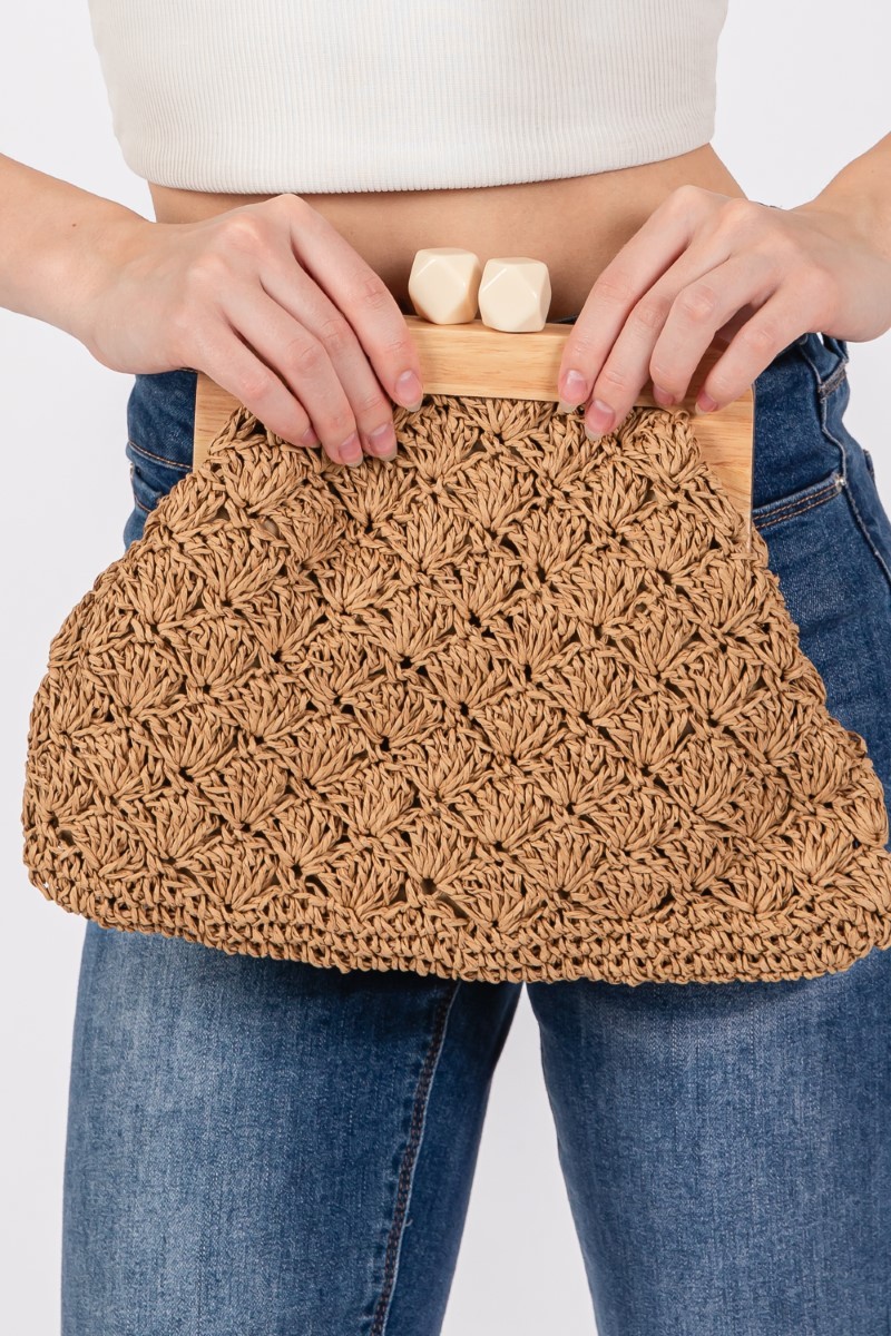 Fame Straw Braided Wooden Frame Cluch Bag