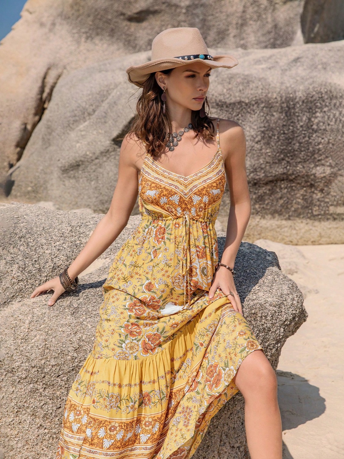 Tassel Printed Tiered Cami Dress