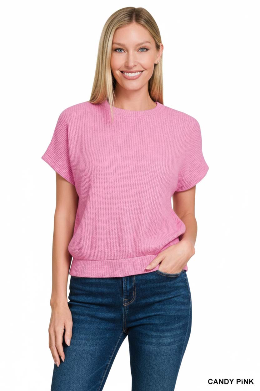 Round Neck Banded Botton Short Sleeve Sweater