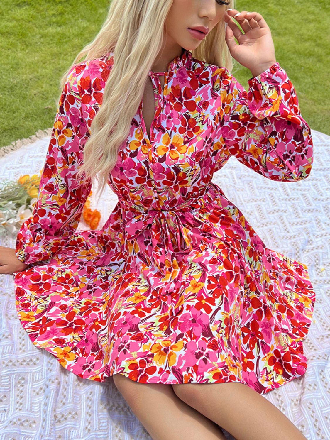 Tie Front Printed Long Sleeve Mini Dress