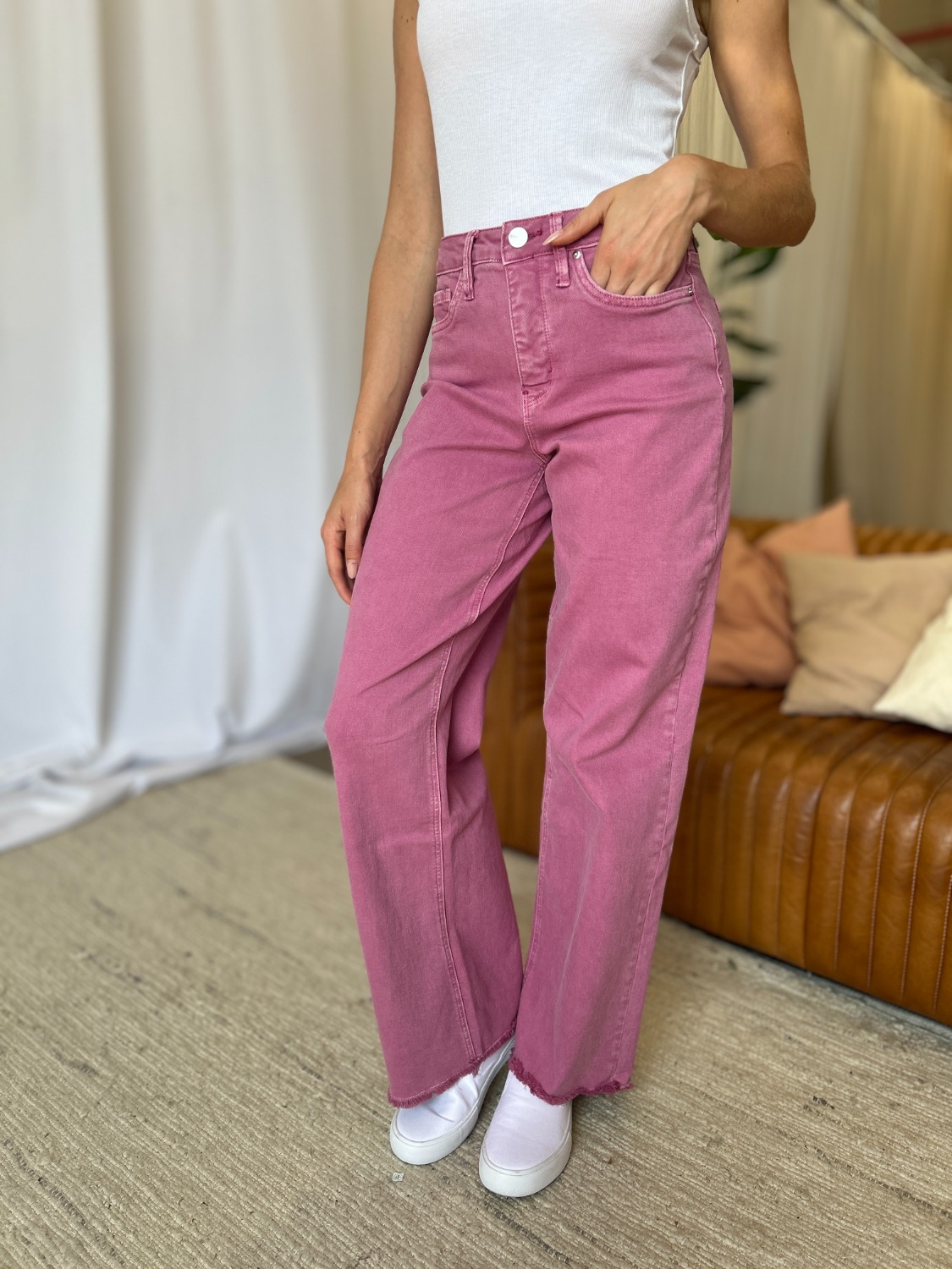 Full Size High Rise Garment Dye Wide Leg Jeans