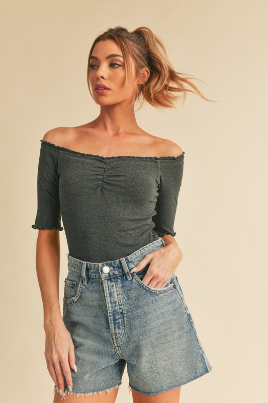 Ruched Frill Off-Shoulder Half Sleeve Knit Top