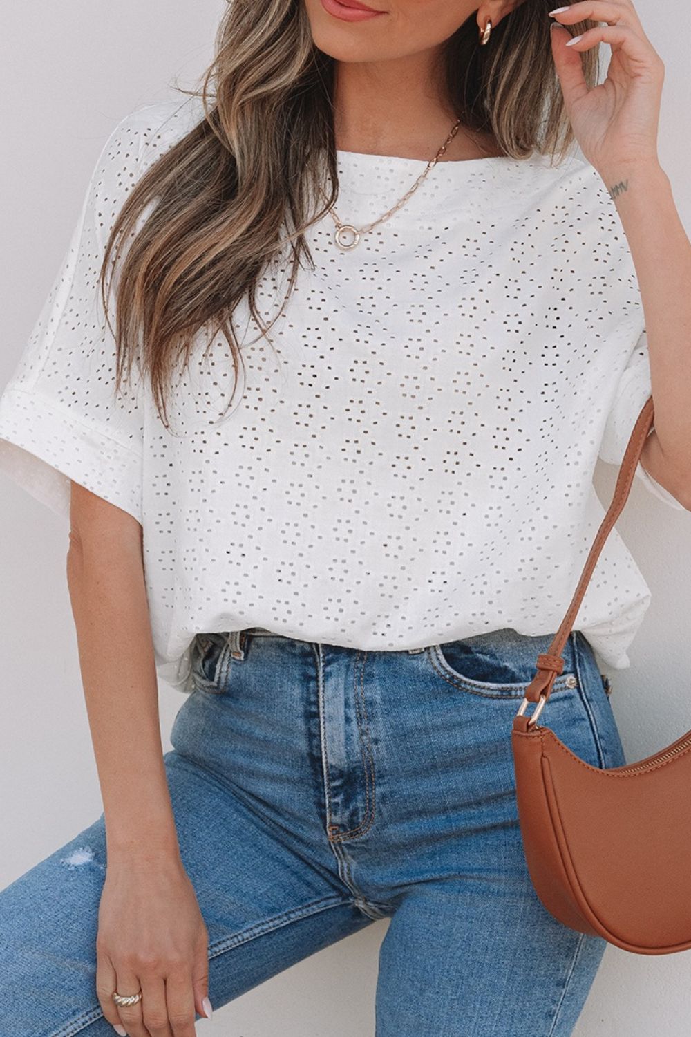 Eyelet Pattern Boat Neck Casual Tee