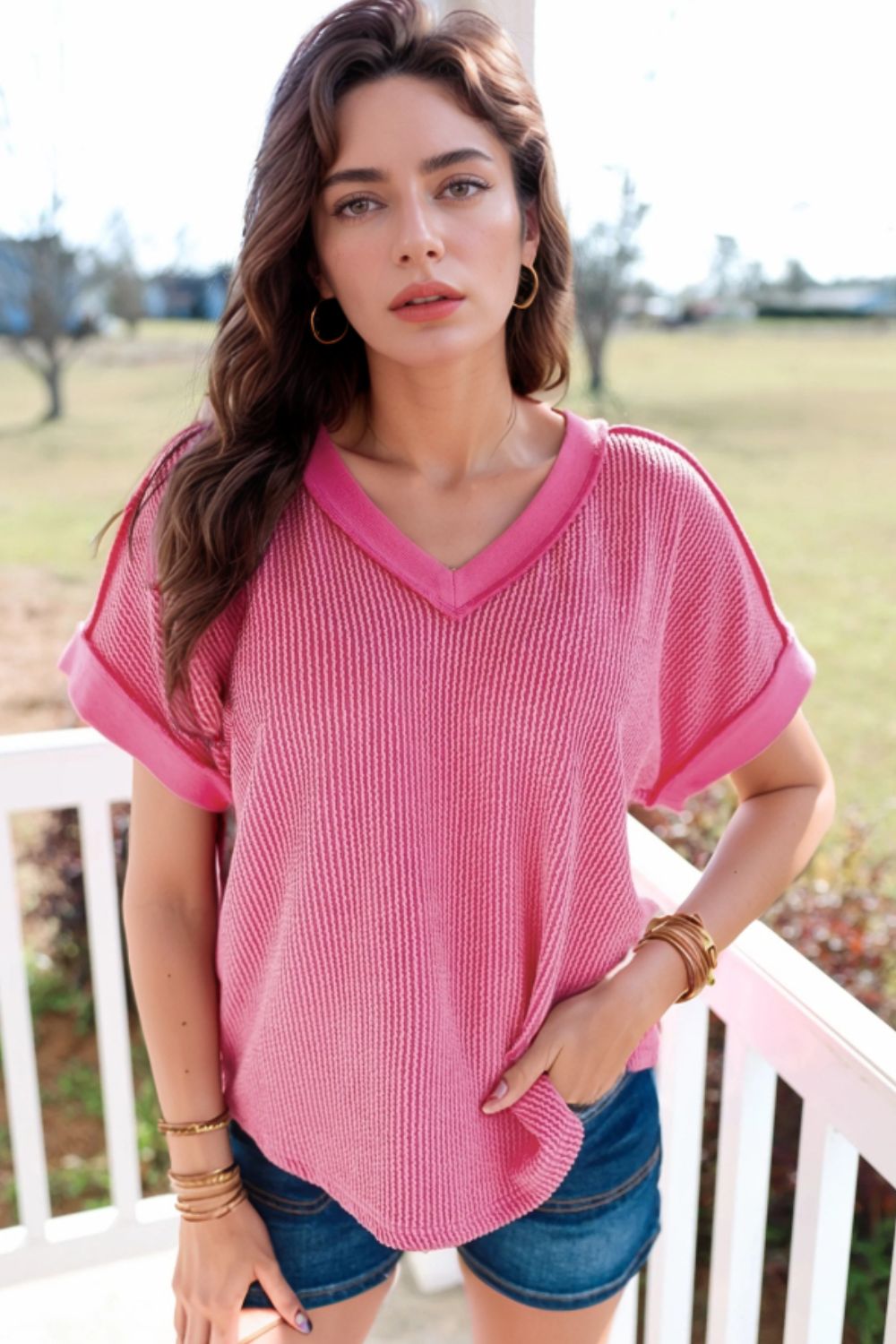 Solid V-Neck Short Sleeve T-Shirt