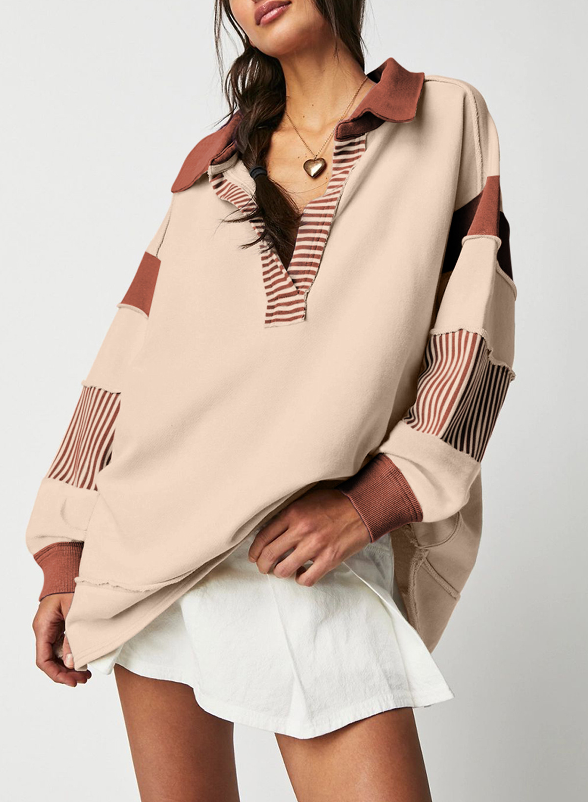 Color Block Striped Johnny Collar Sweatshirt