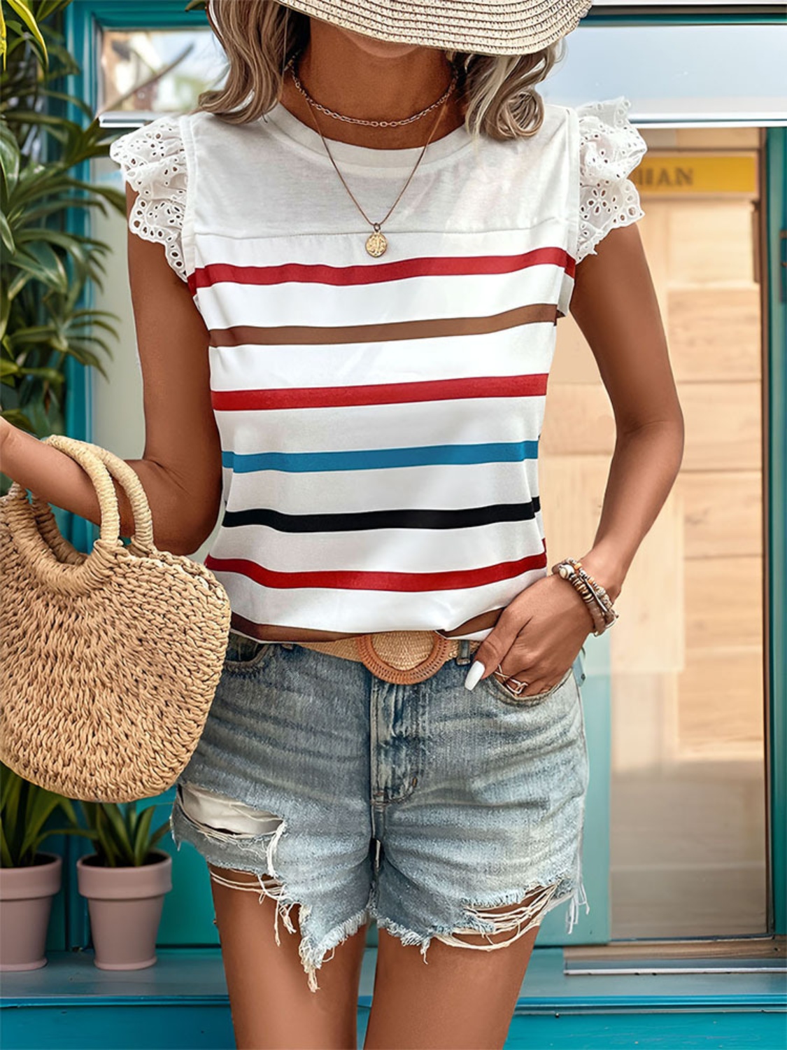 Striped Round Neck Cap Sleeve T-Shirt