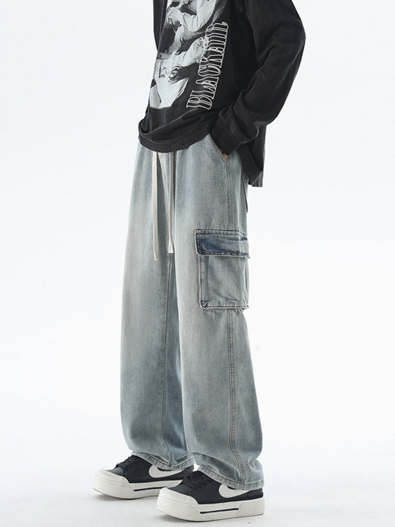 Men's Drawstring Wash Wide Leg Jeans