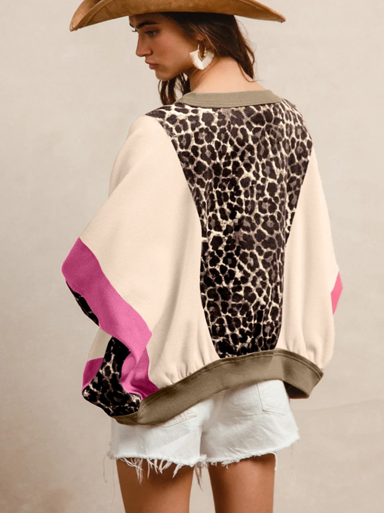 Leopard Print Color Block Round Neck Top