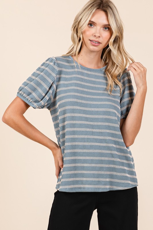 Contrast Striped Short Puff Sleeve Knit Top