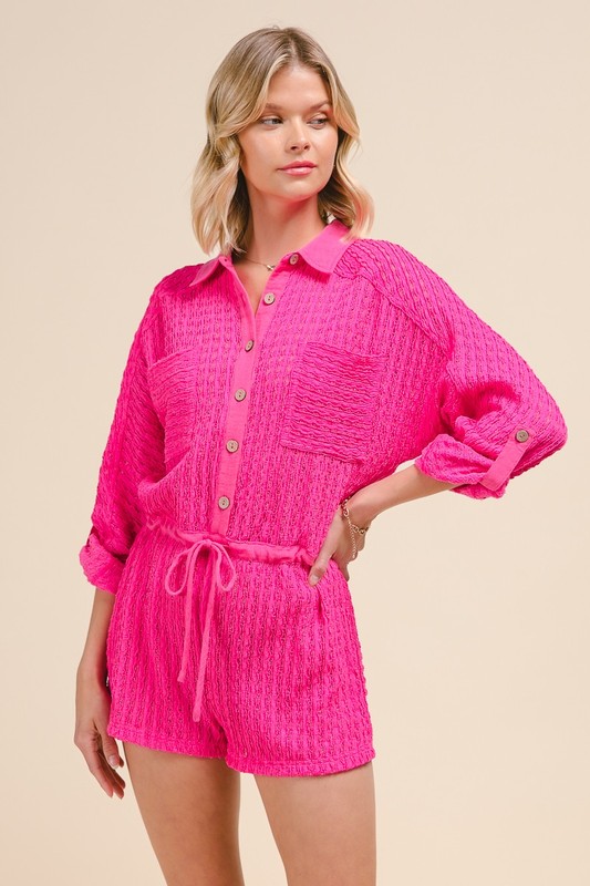 Textured Knit Button Front Romper