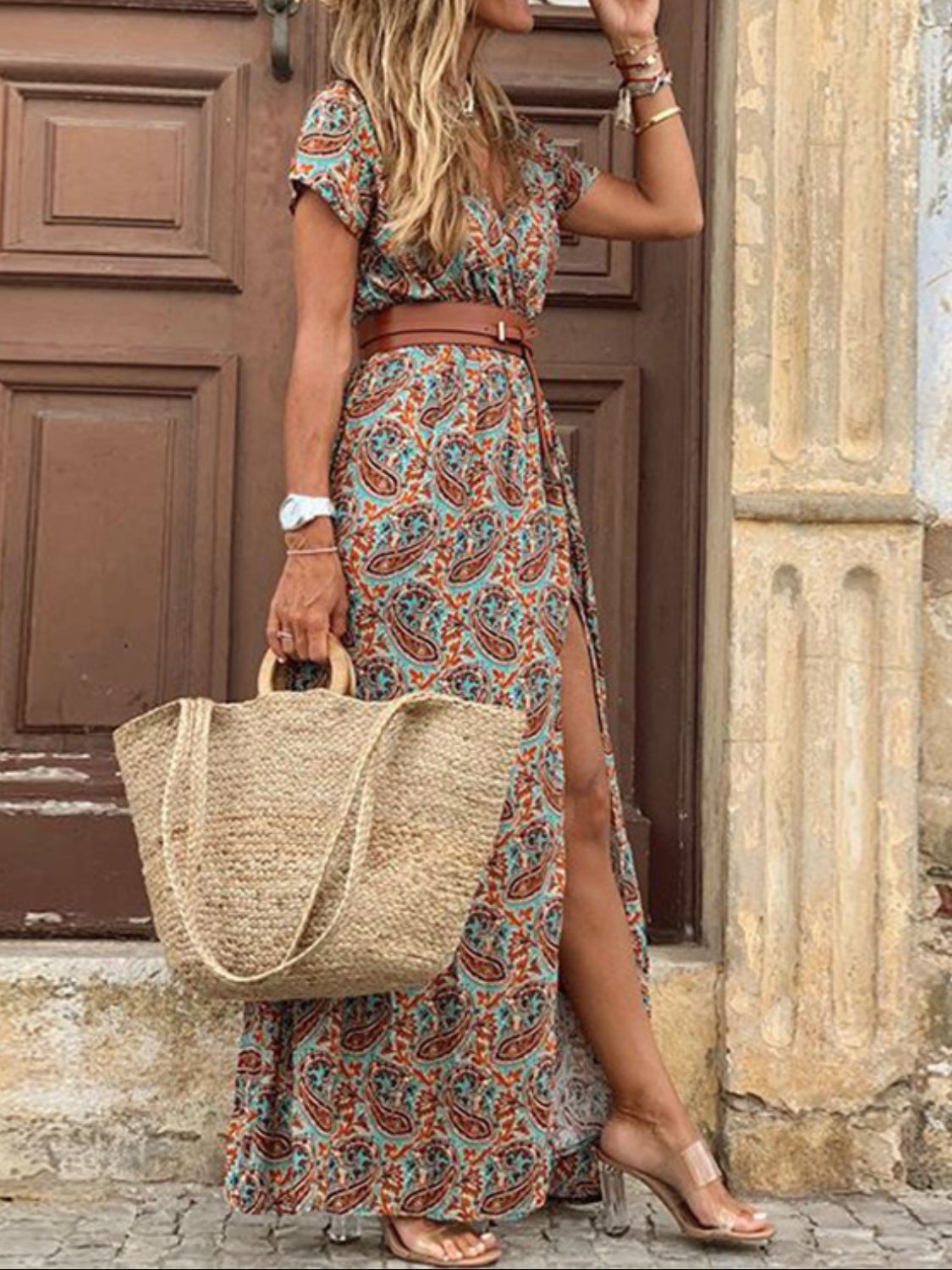 Full Size Printed V-Neck Short Sleeve Maxi Dress Plus Size