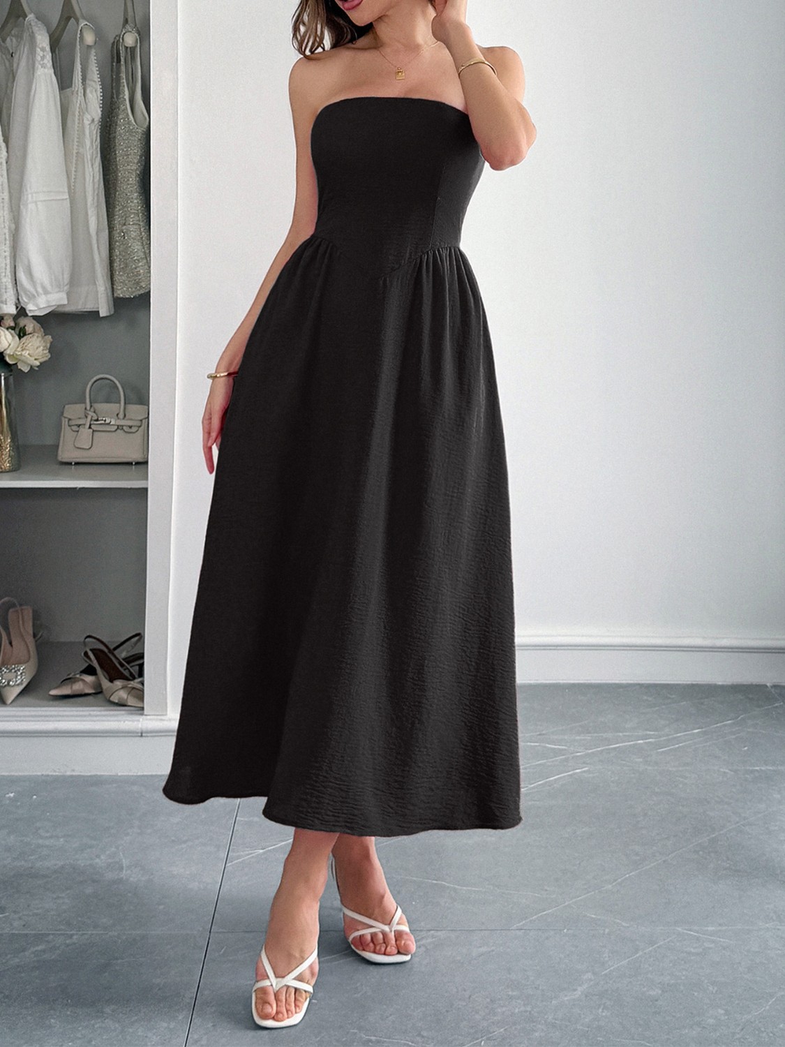 Strapless A-Line Midi Dress with Pockets