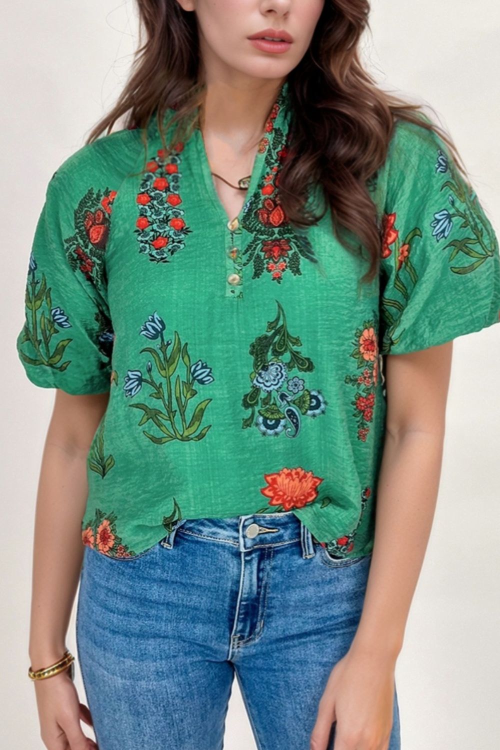 Floral Print Notched Short Sleeve Blouse
