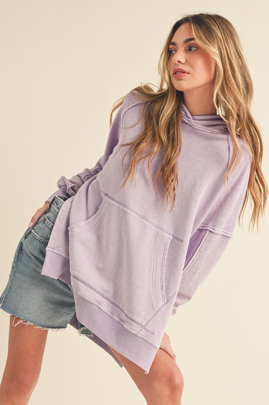 Exposed Seam Side Slit Hoodie with Kangaroo Pocket