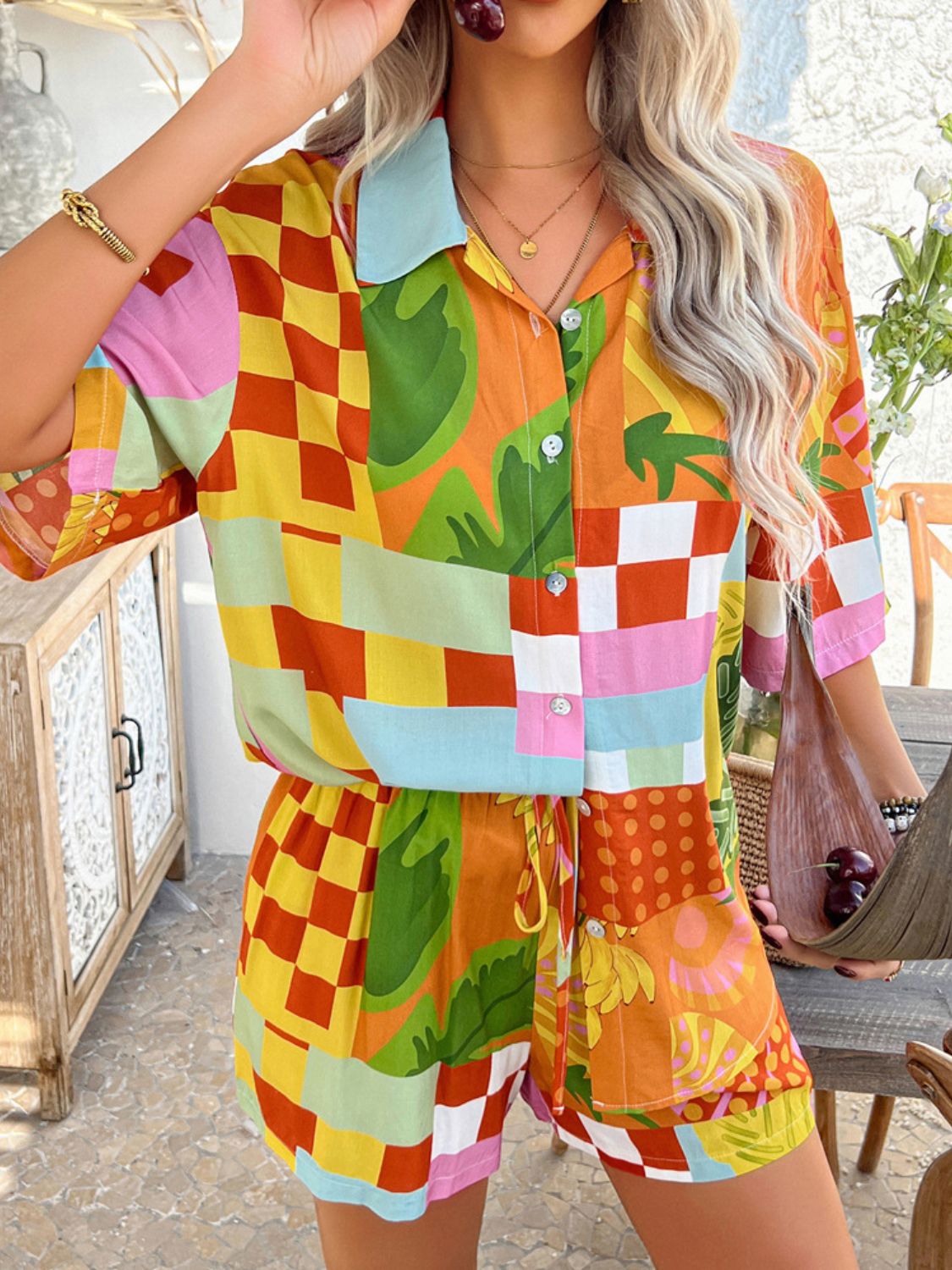 Printed Collared Neck Half Sleeve Top and Shorts Set