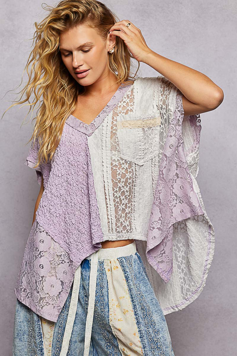 Asymmetrical V-Neck Short Sleeve Lace Top