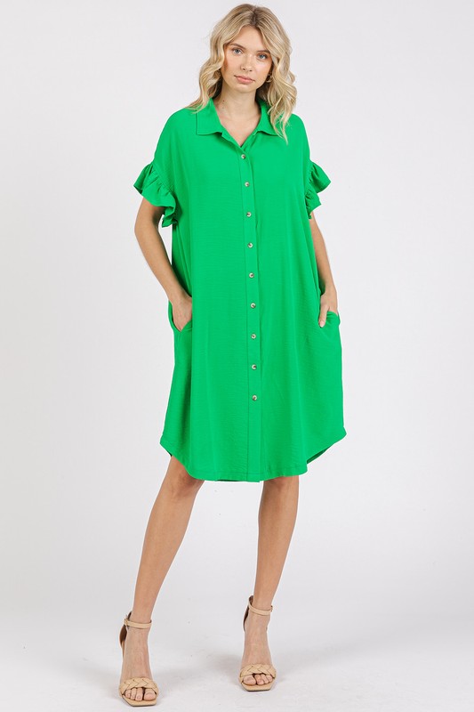 Button Down Flounce Sleeve Dress with Pockets