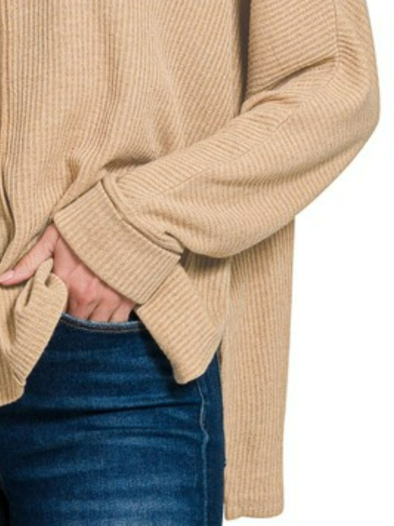 Ribbed Center Seam Dolman Sleeve Hi Low Sweater