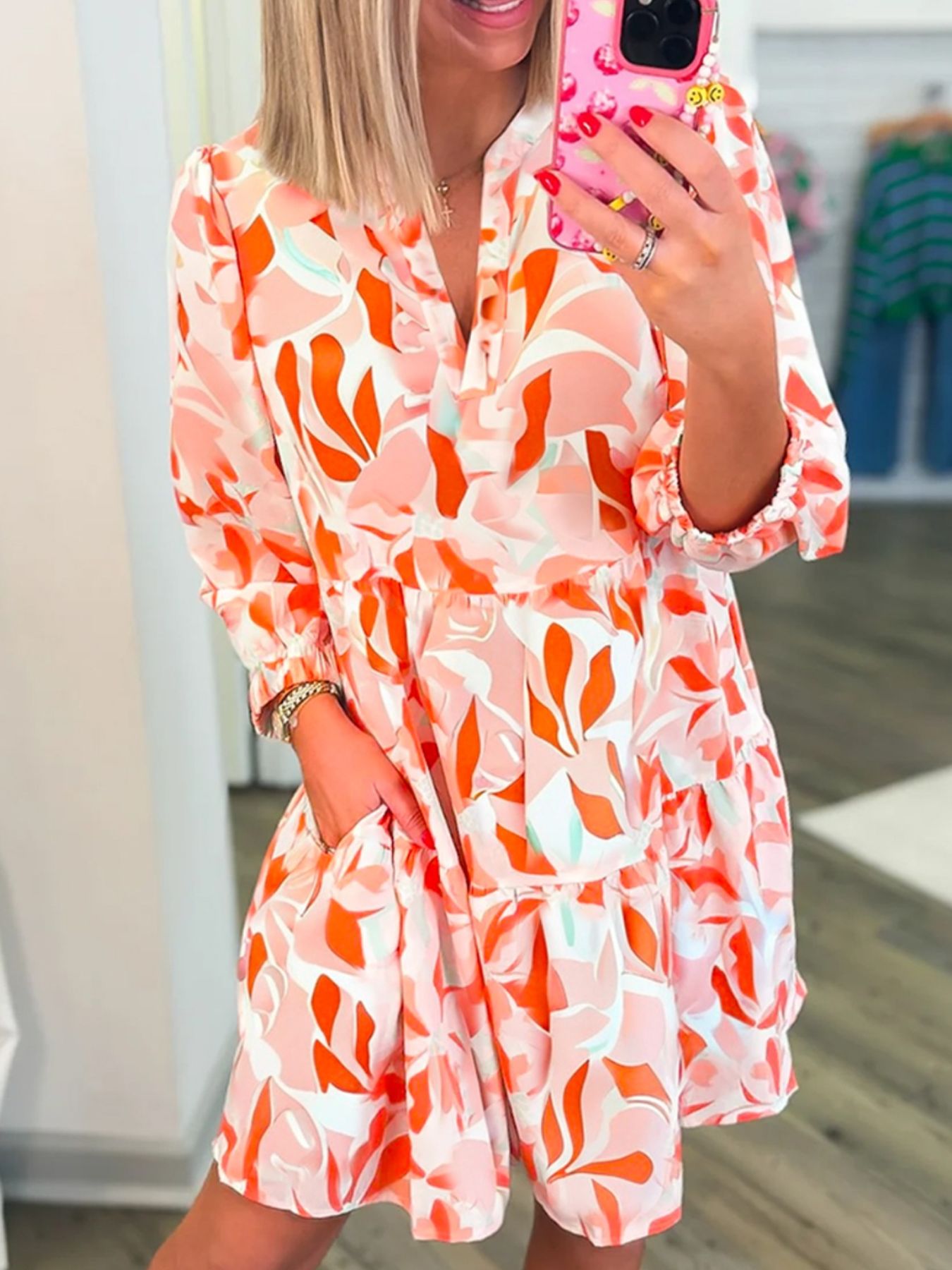 Printed Notched Long Sleeve Dress