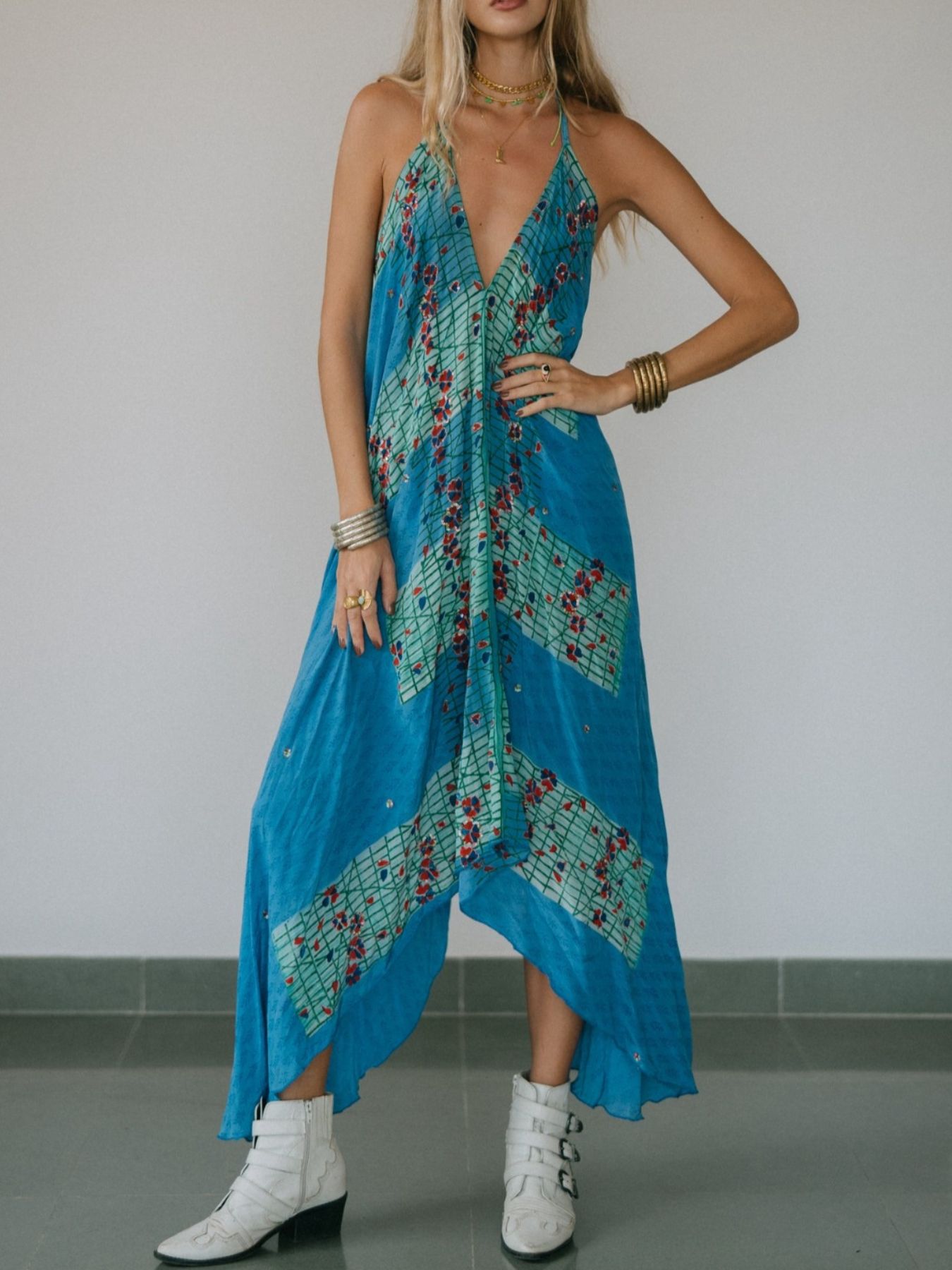 Backless Printed Halter Neck Maxi Dress