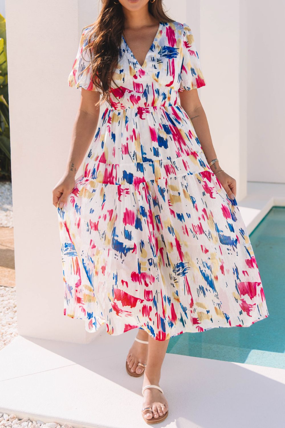 Abstract Print Short Puff Sleeve Tiered Maxi Dress