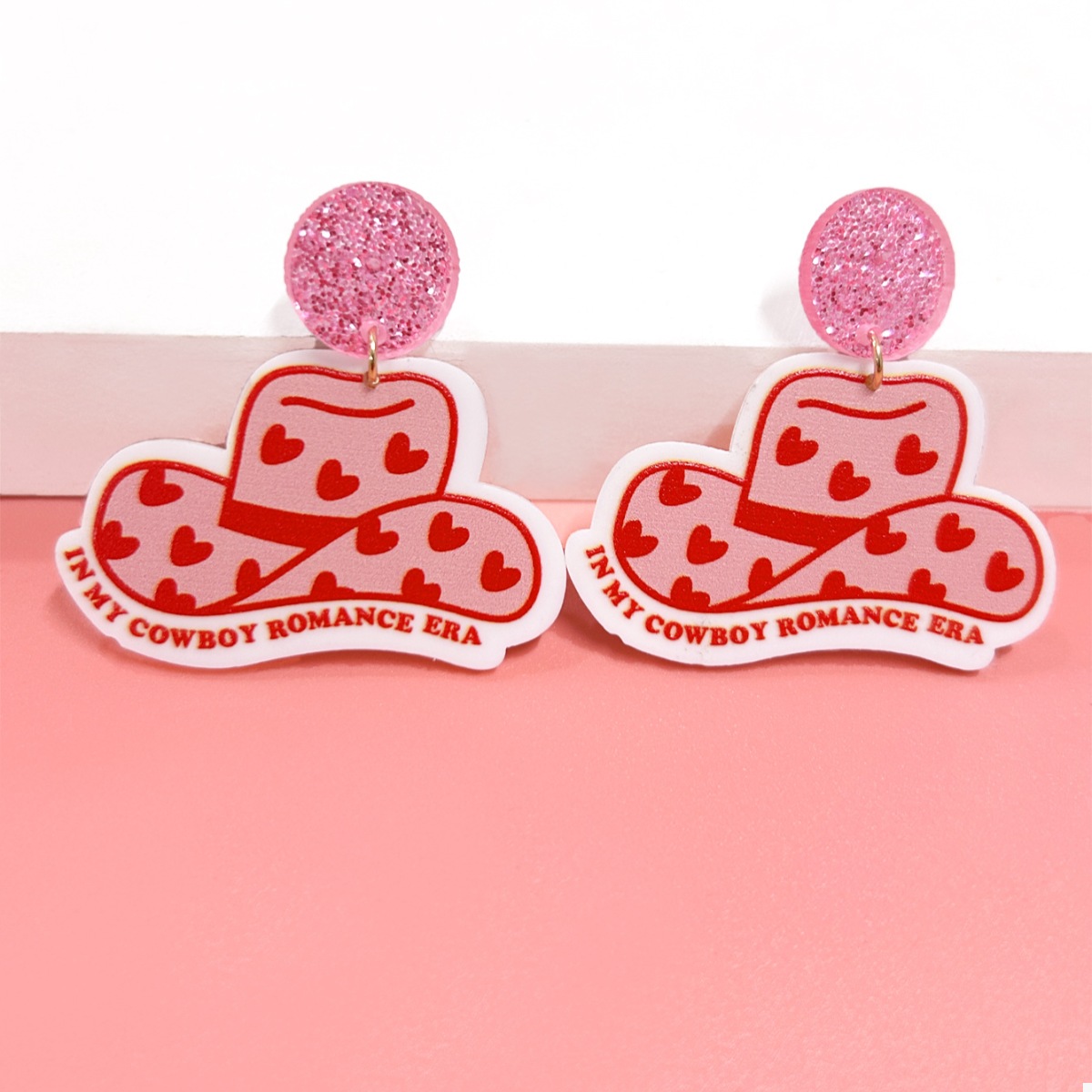 Cowboy Hat Dangle Earrings with Heart Accents