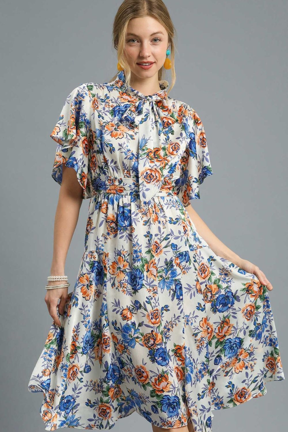 Umgee Floral Print Flutter Sleeve Dress