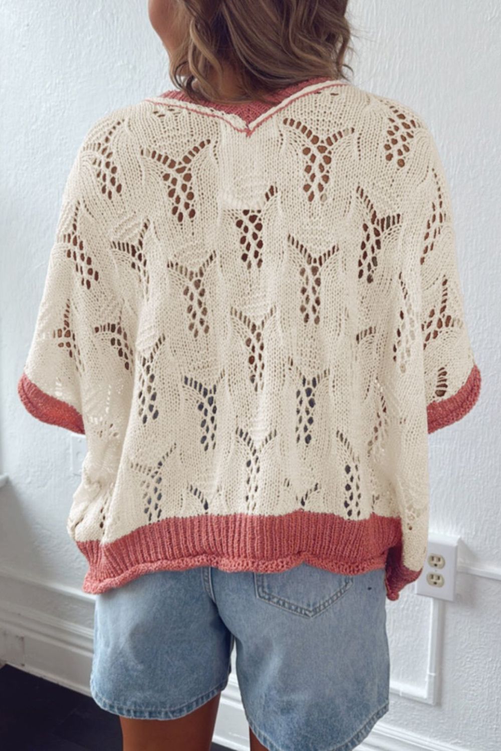 Openwork Flower Half Sleeve Knit Top view 4