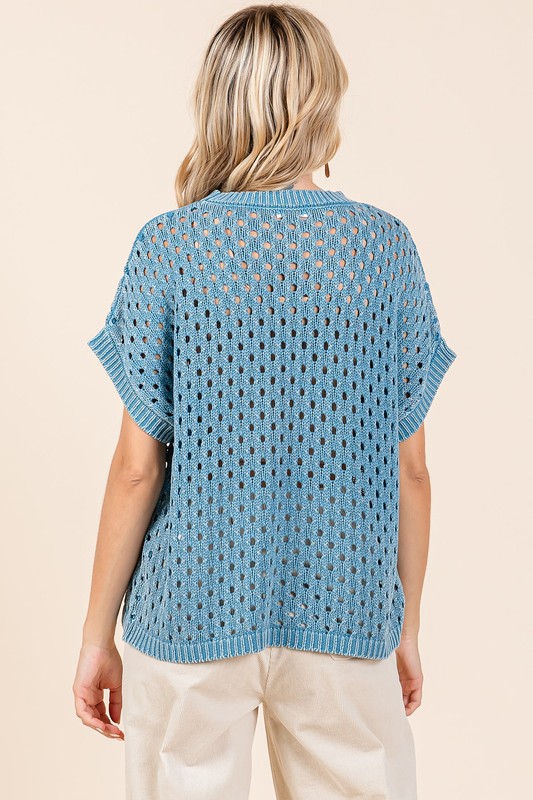 Mineral Wash Openwork Short Sleeve Knit Cover Up