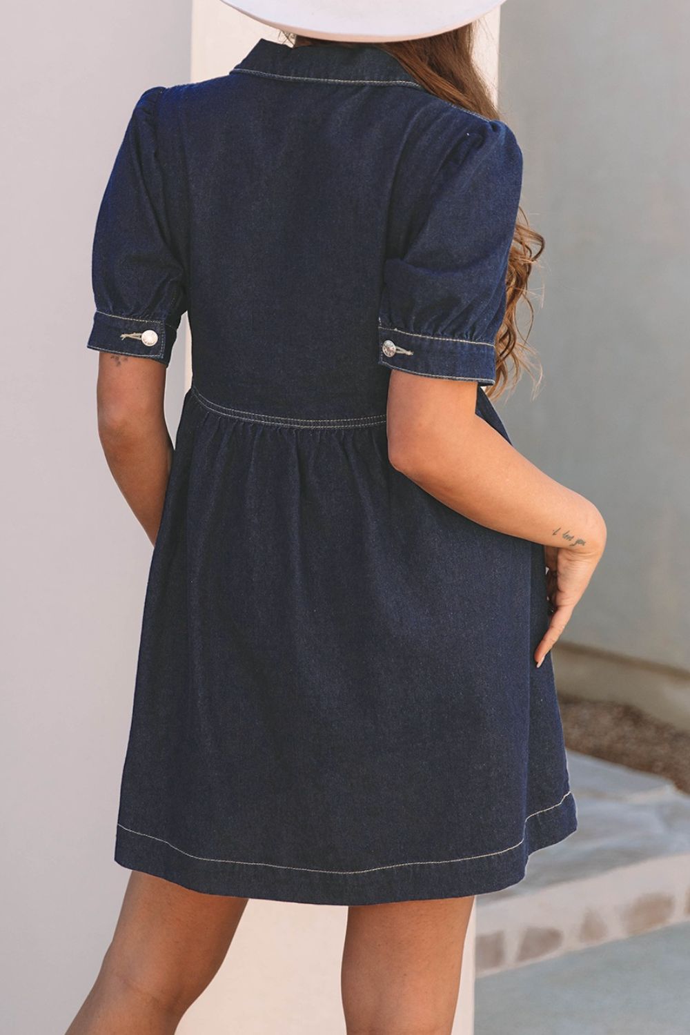 Collared Neck Half Zip Denim Dress
