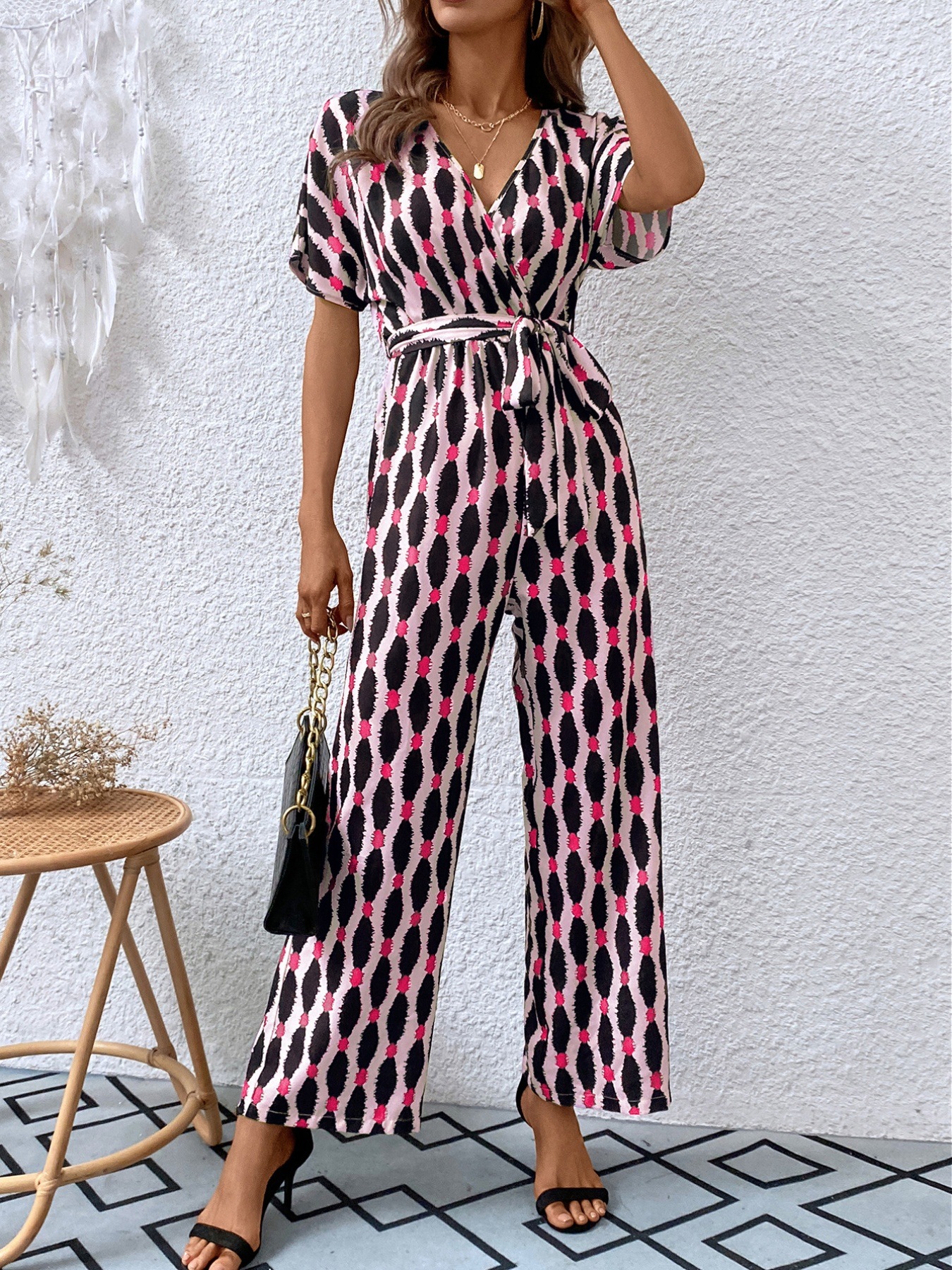 Printed Surplice Tie Waist Short Sleeve Jumpsuit