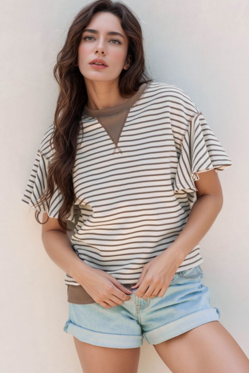 Contrast Striped Ruffle Short Sleeve Top