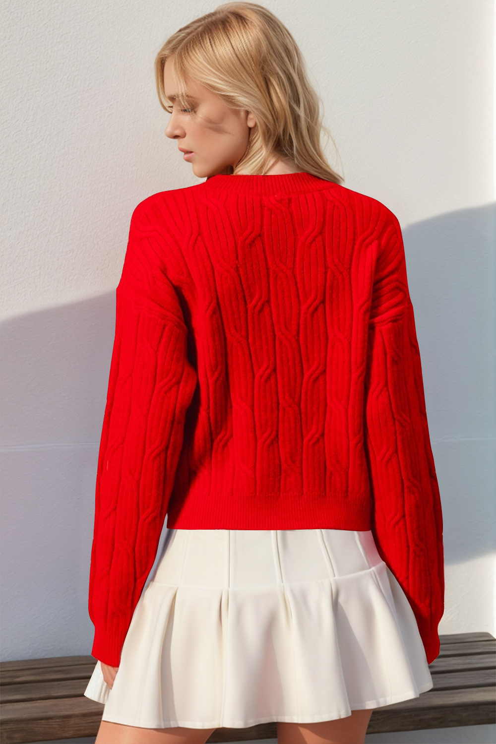 Full Size Bow Cable-Knit Round Neck Sweater