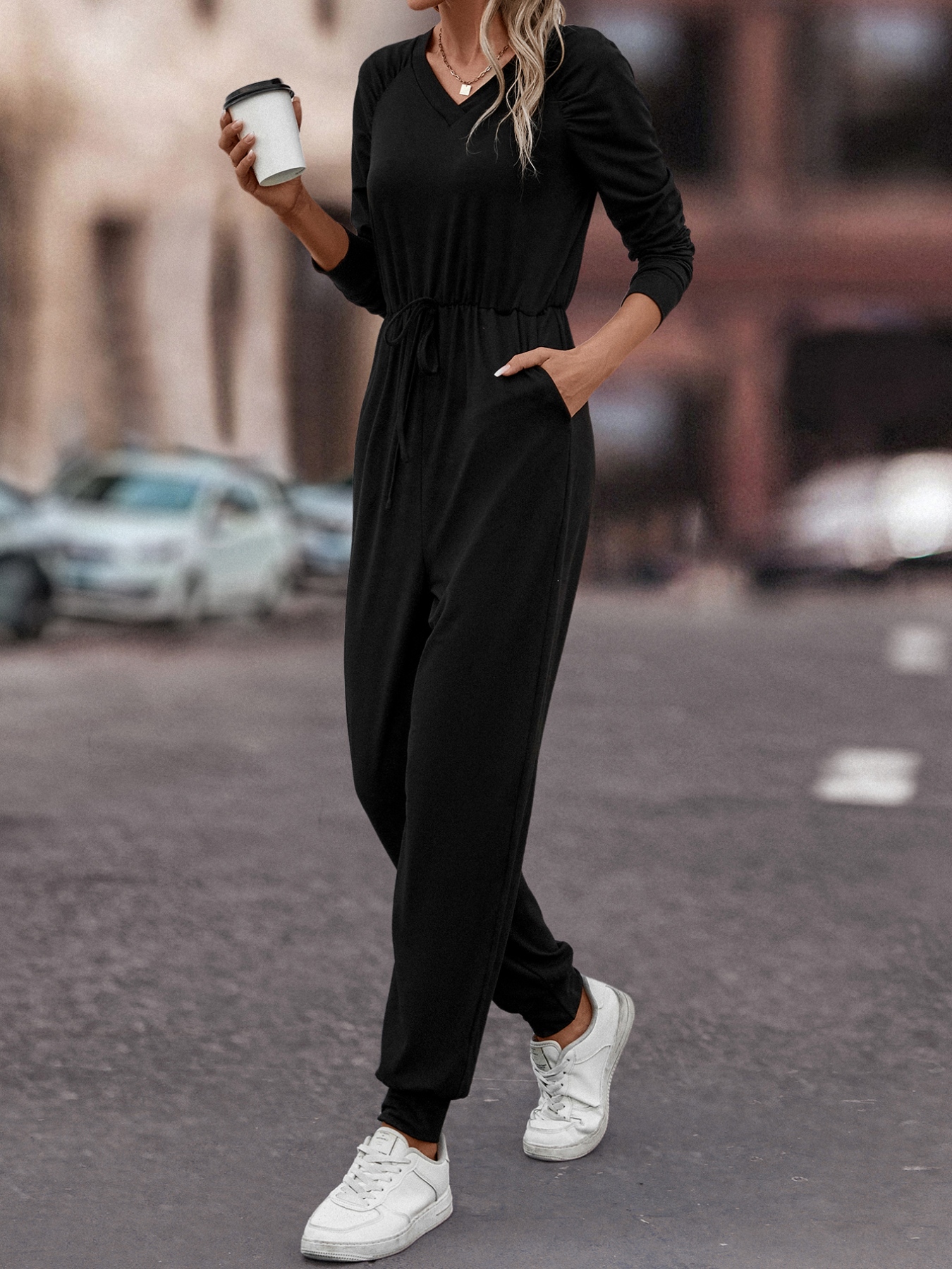Casual Long Sleeve Drawstring Waist Jumpsuit