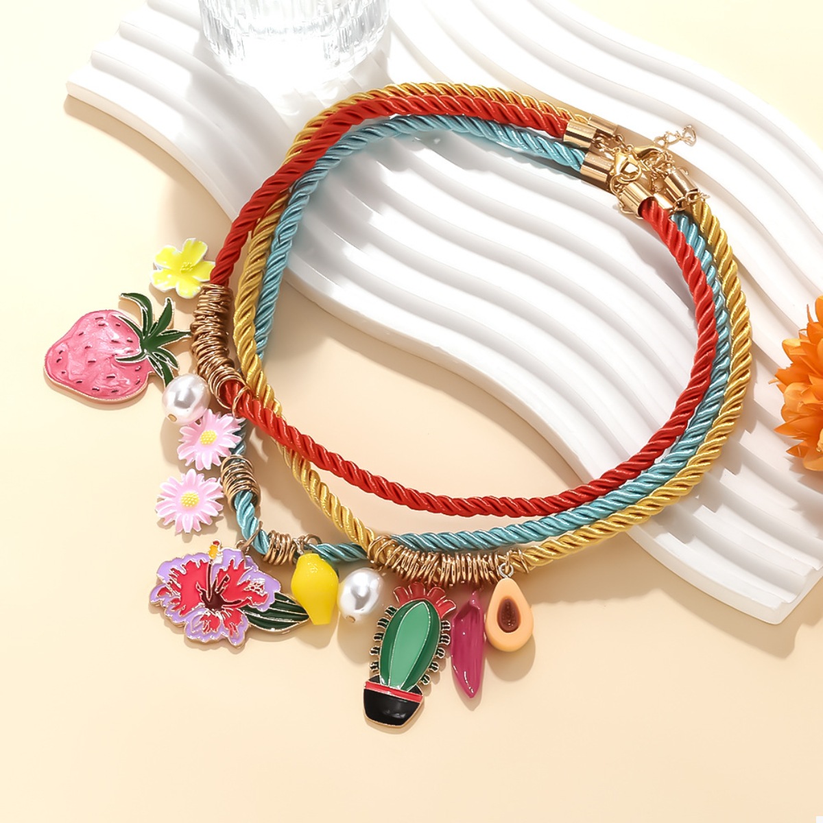 3 Piece Colorful Rope Charm Necklace