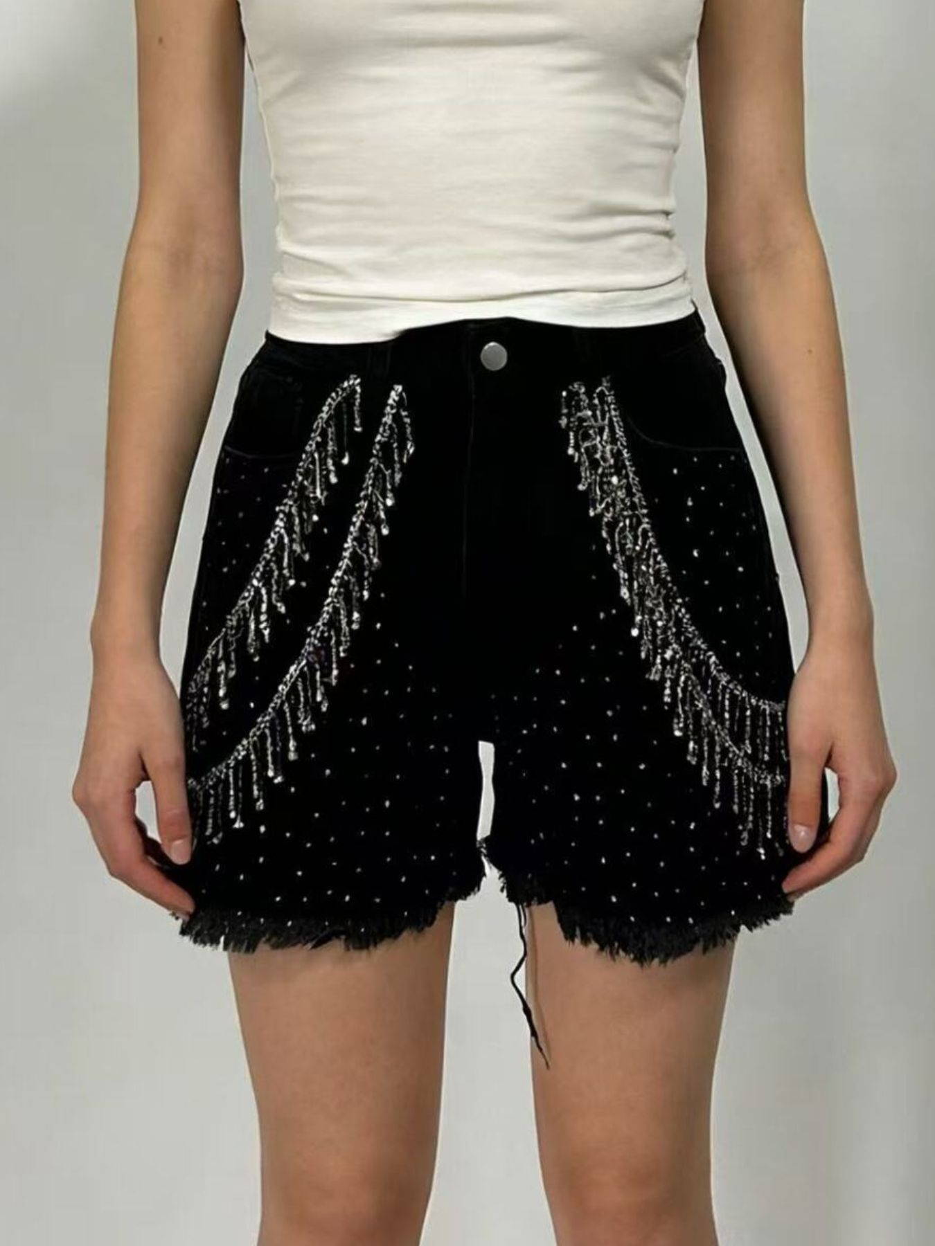 Rhinestone Chain Raw Hem Denim Shorts view 4