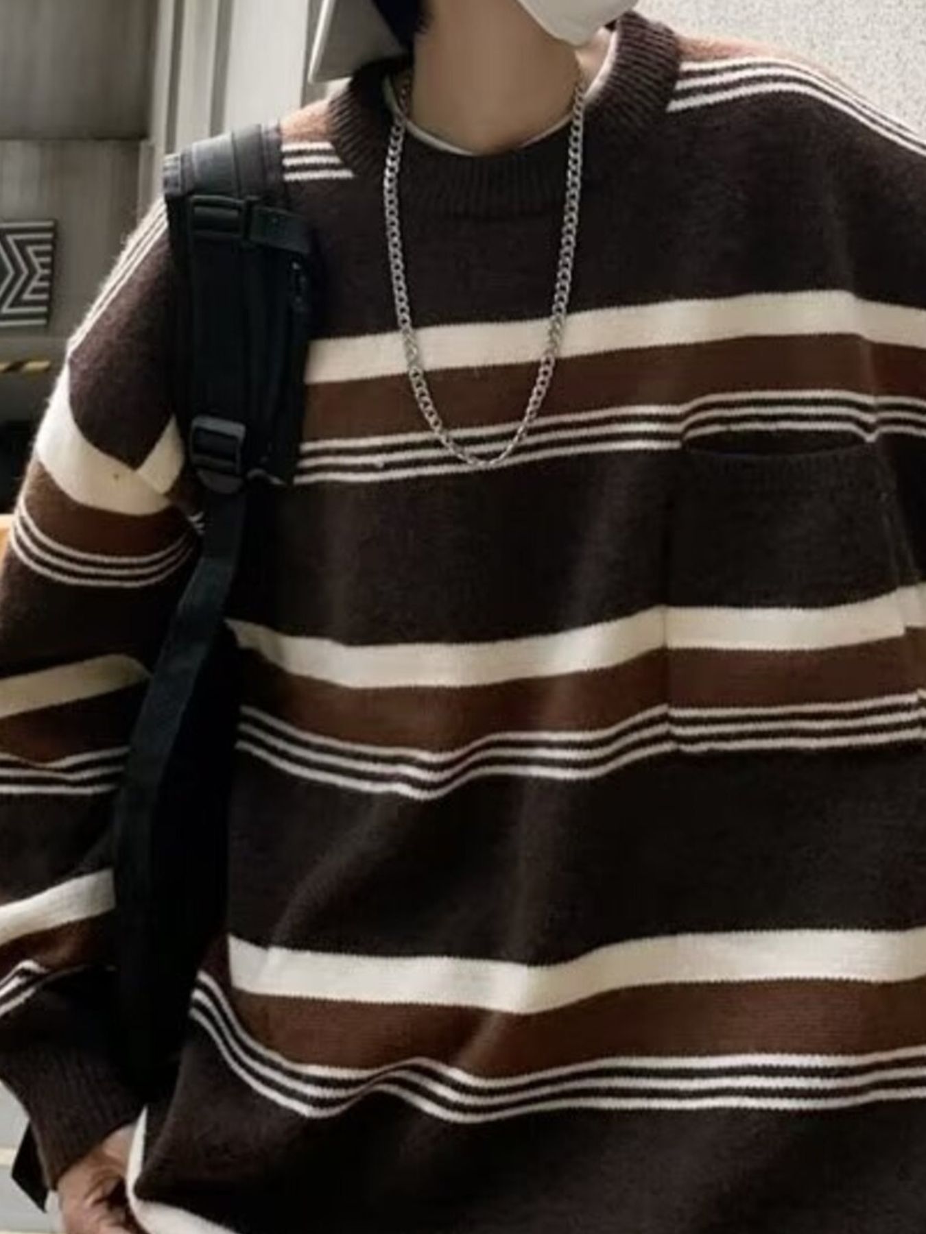 Men's Striped Knit Dropped Shoulder Sweater