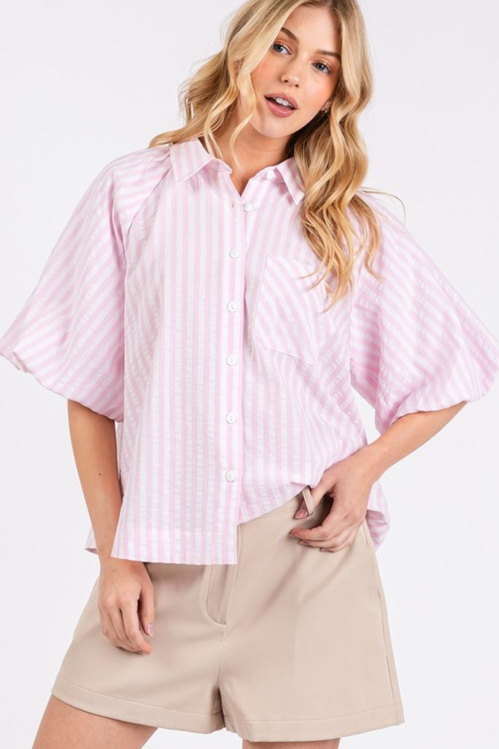Button Down Striped Puff Sleeve Shirt