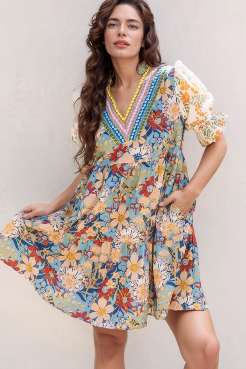 Printed Notched Flounce Sleeve Mini Dress