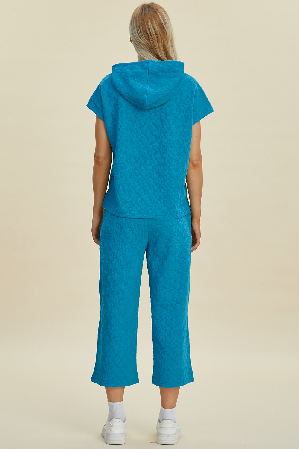 Full Size Texture Drawstring Short Sleeve Hoodie and Pocketed Pants Set