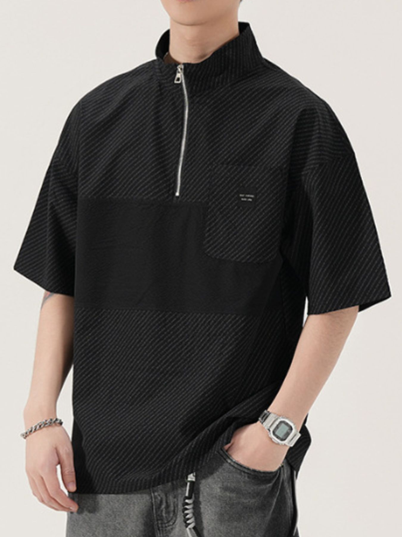 Men's Full Size Half-Zip Textured Oversized T-Shirt Plus Size