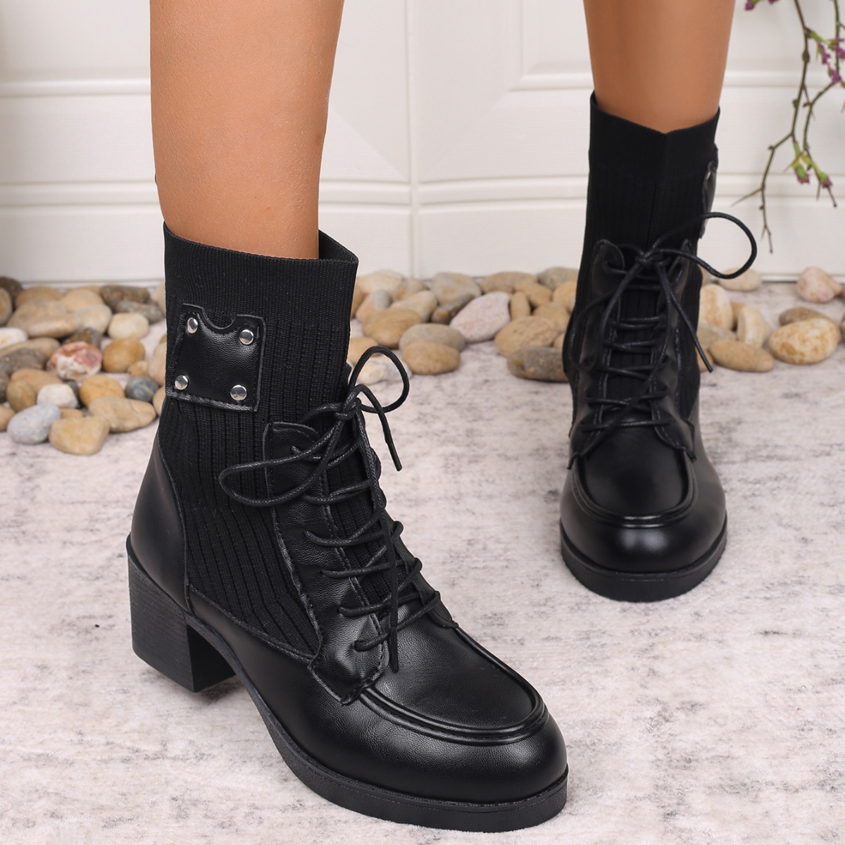 Lace Up Block Heels Boots