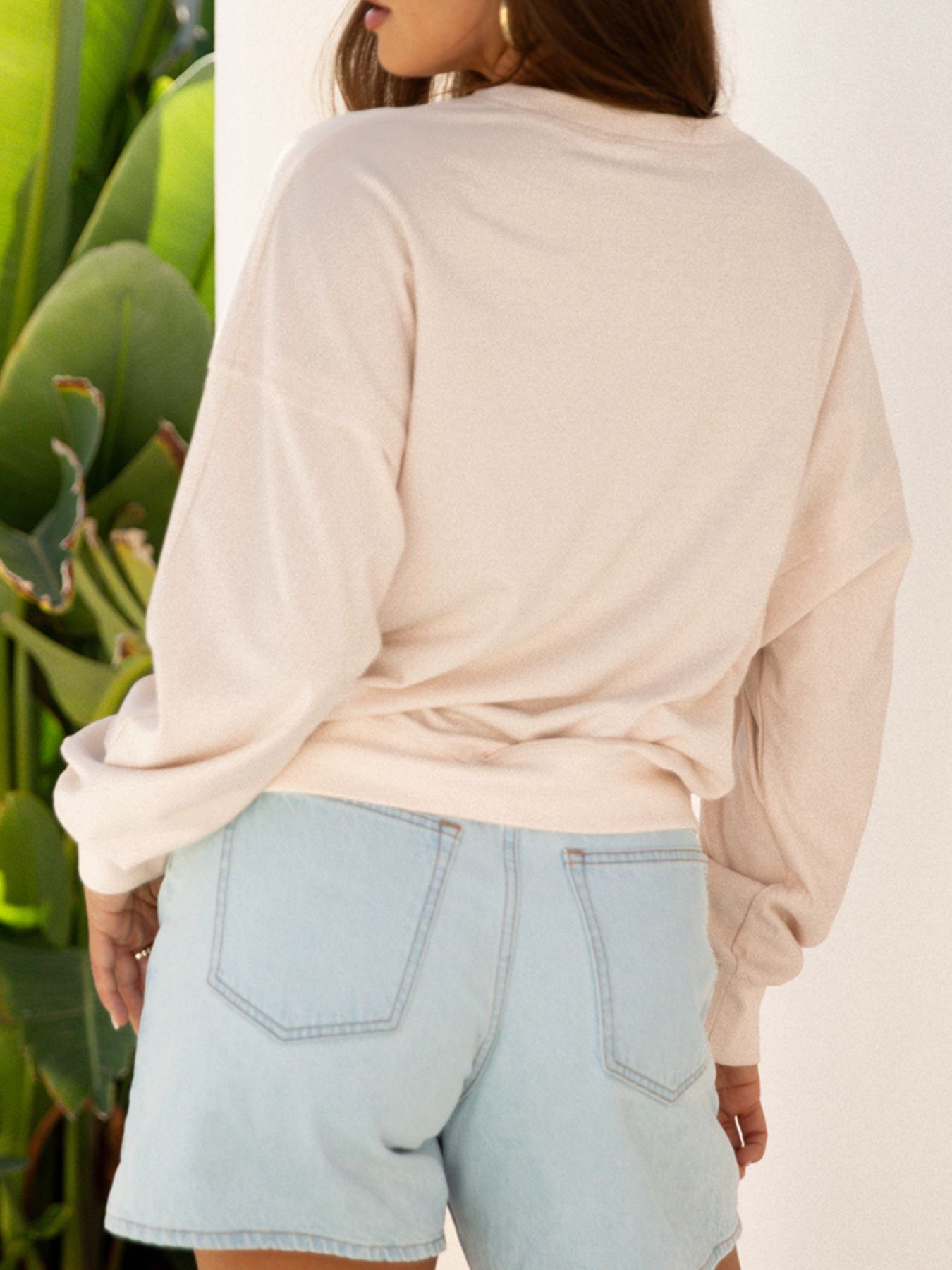 Raw Edge Flower Patch Drop Shoulder Casual Top