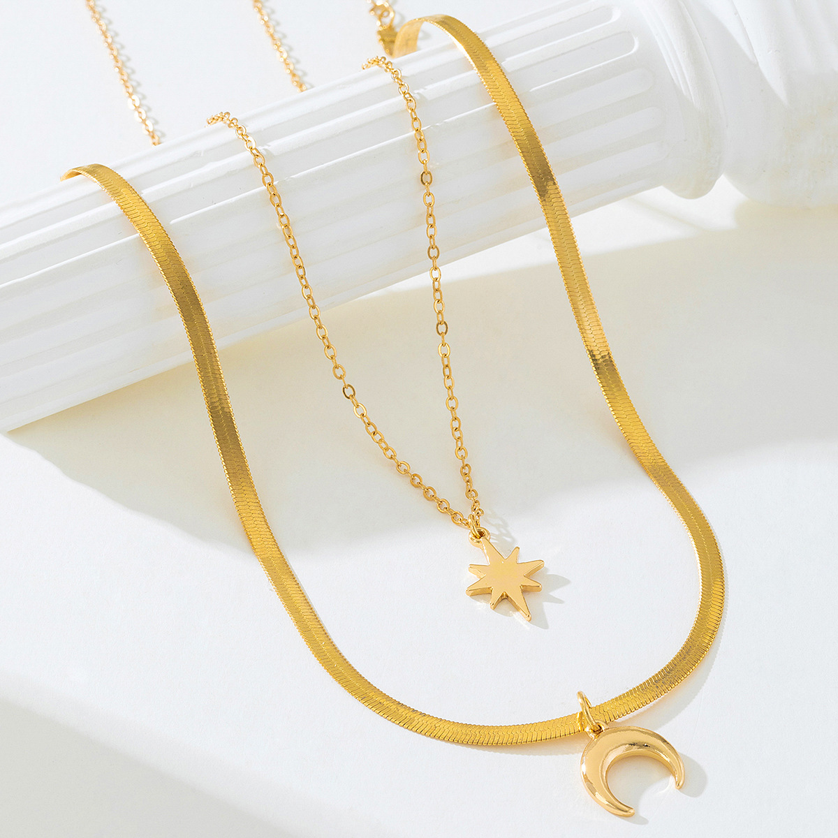 2 Piece 18K Gold-Plated Moon & Star Necklace
