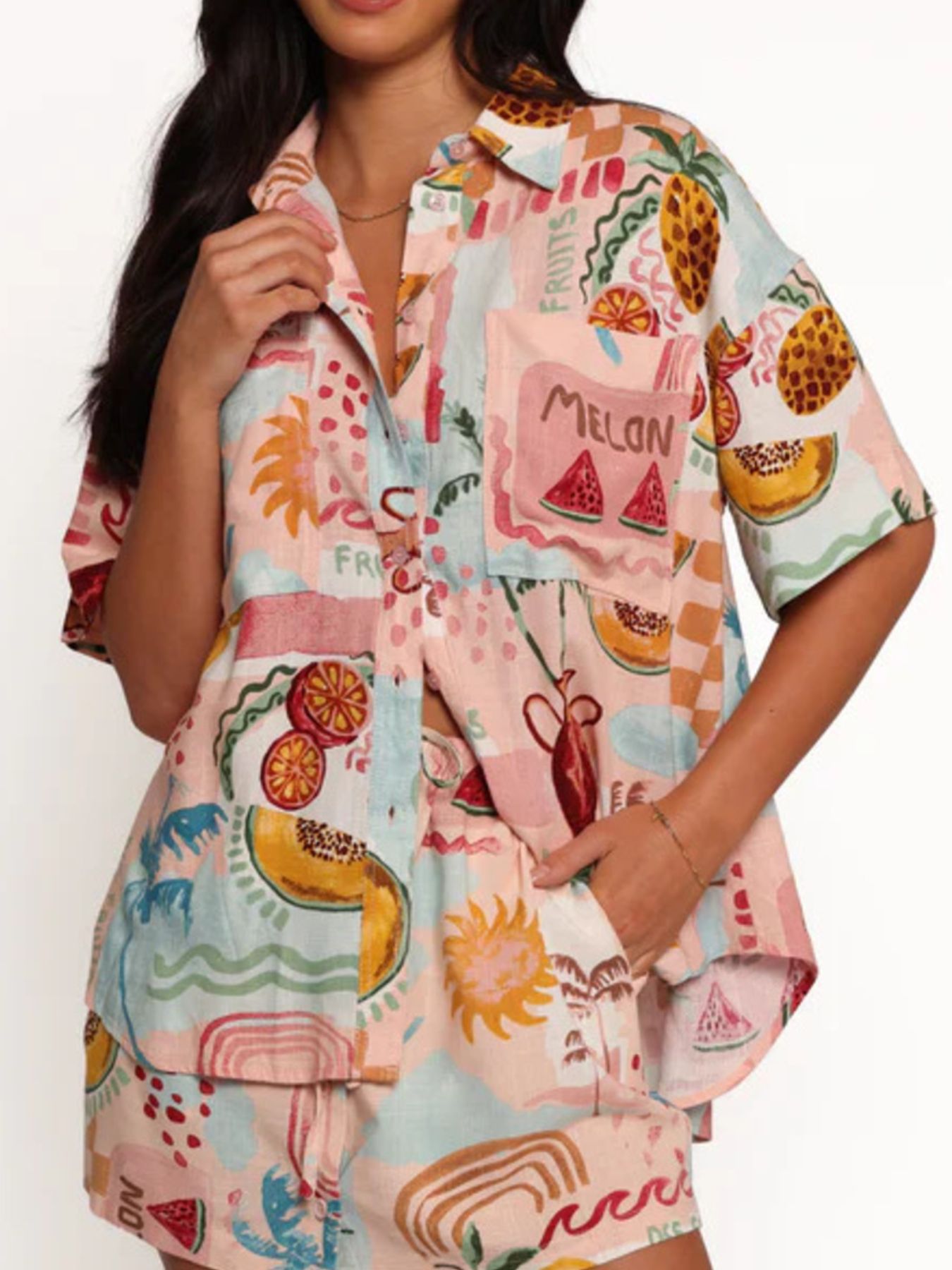 Printed Button Up Shirt and Shorts Set