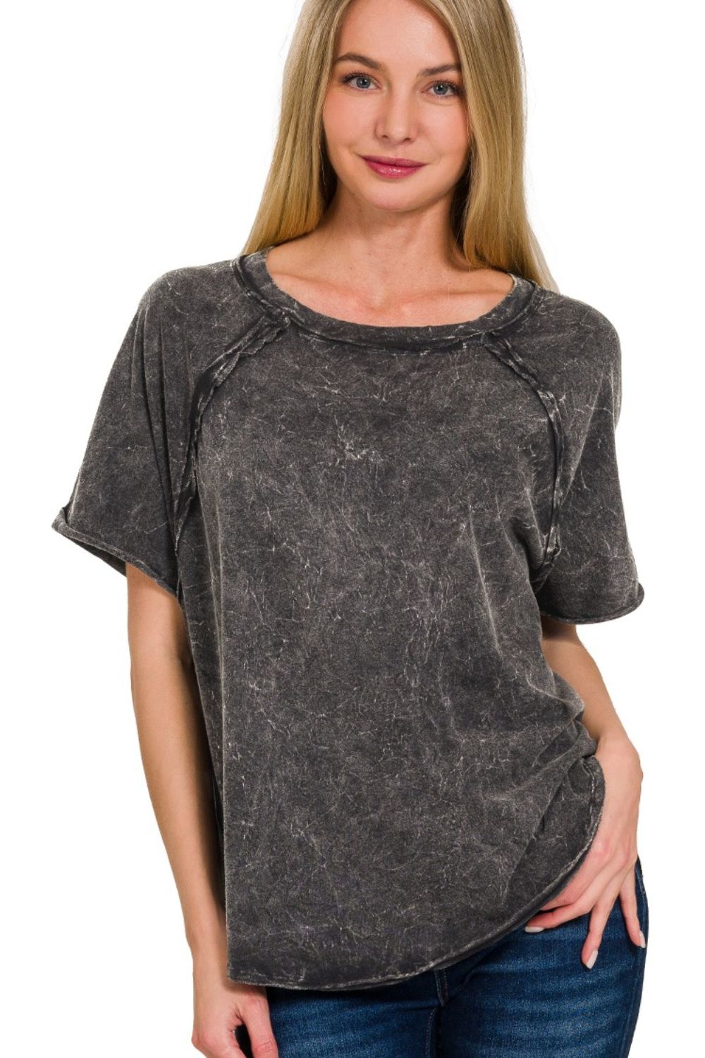 Back Patch Crinkle Washed Raglan Sleeve T-Shirts