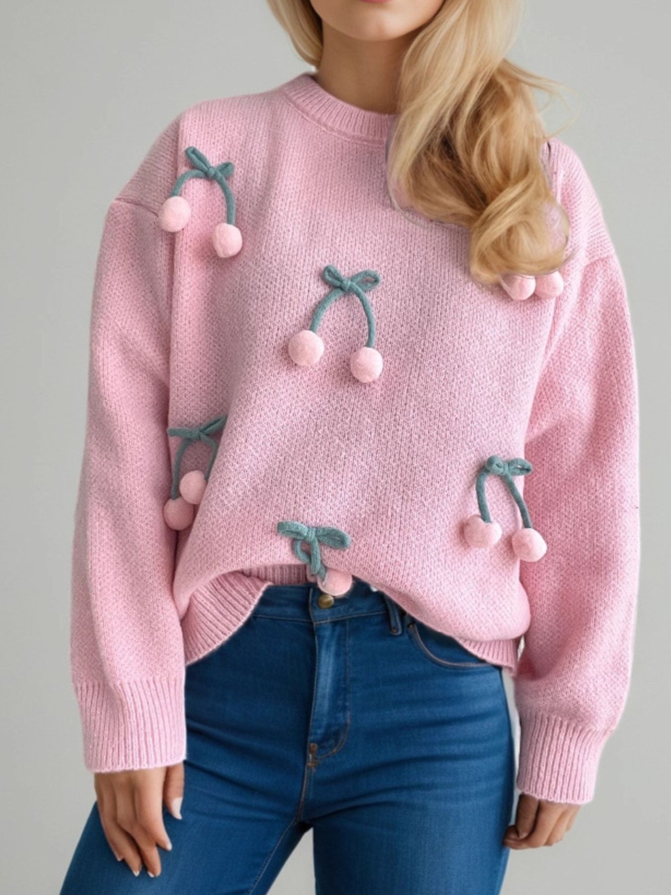 Cherry Pom-Pom Knit Round Neck Sweater