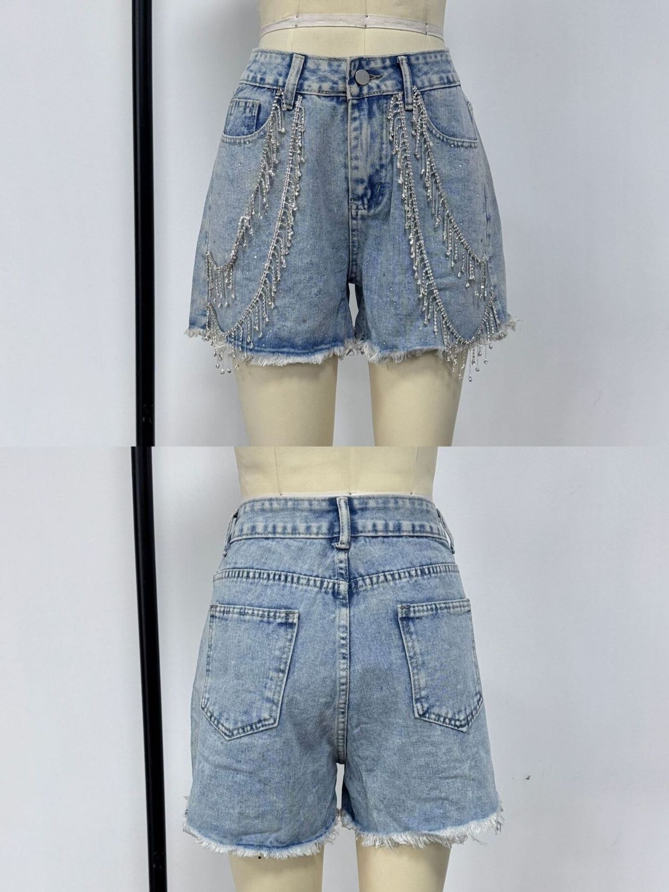 Rhinestone Chain Raw Hem Denim Shorts view 3