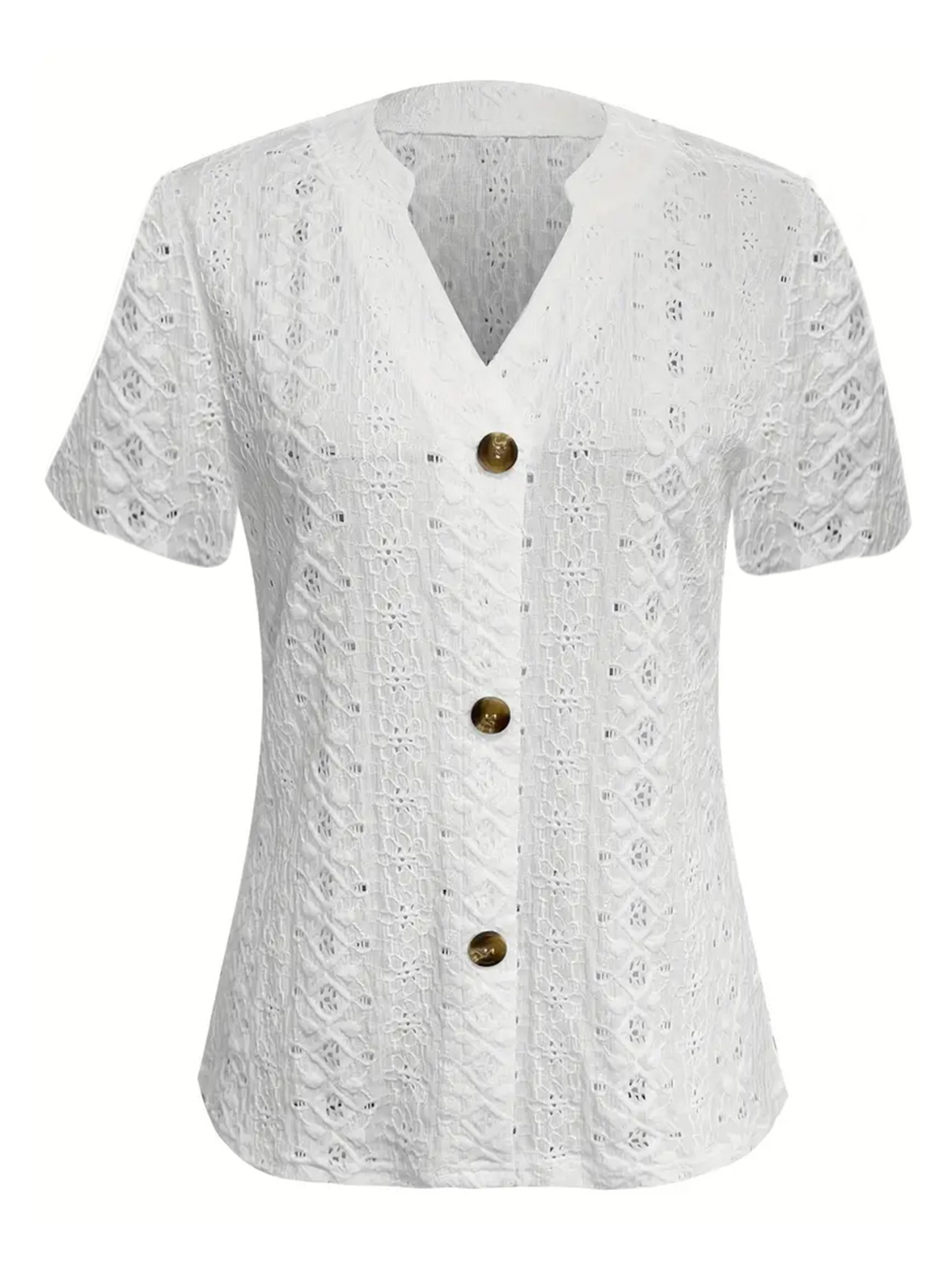 Openwork Notched Short Sleeve Top