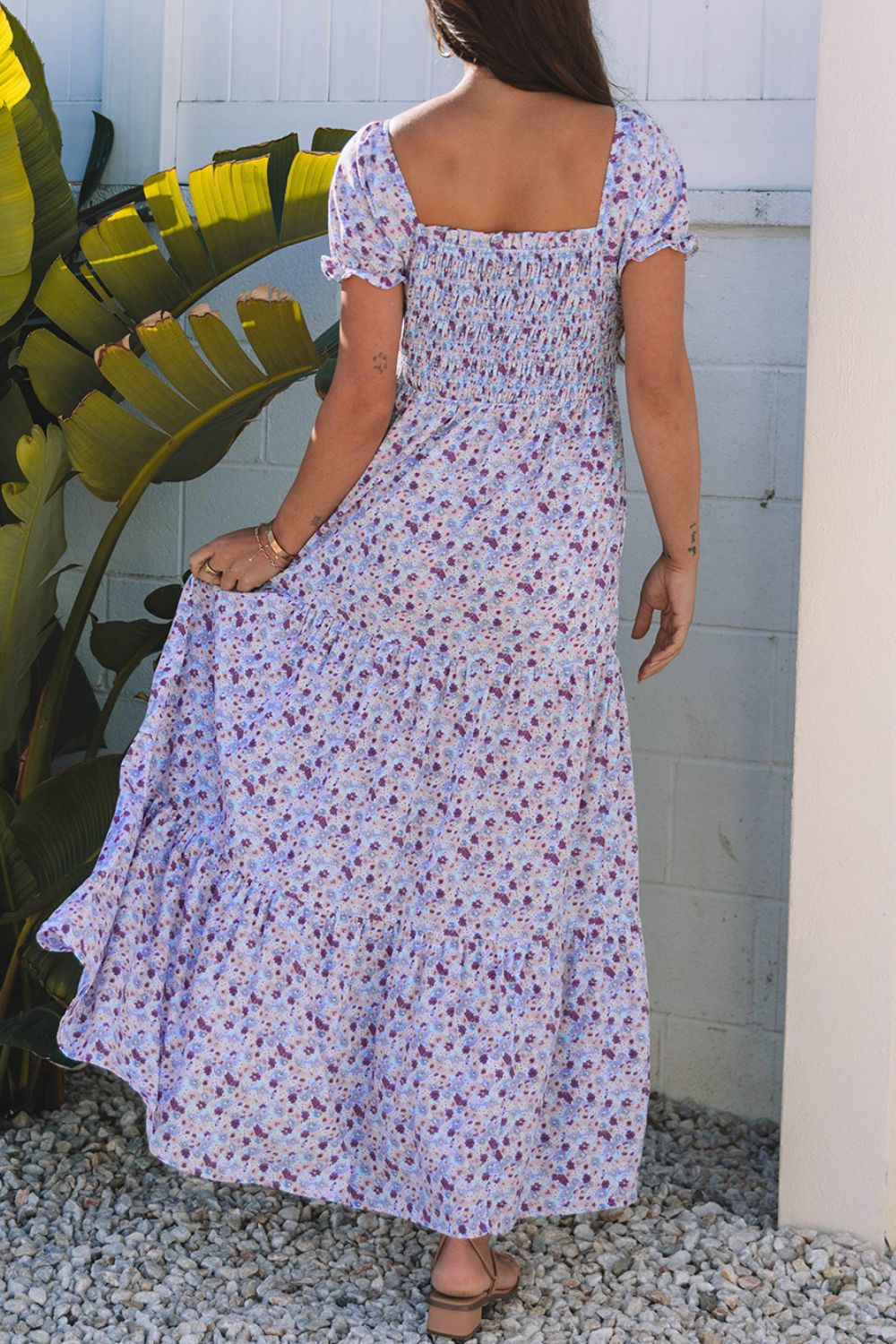 Tiered Floral Shirred High Waist Maxi Dress